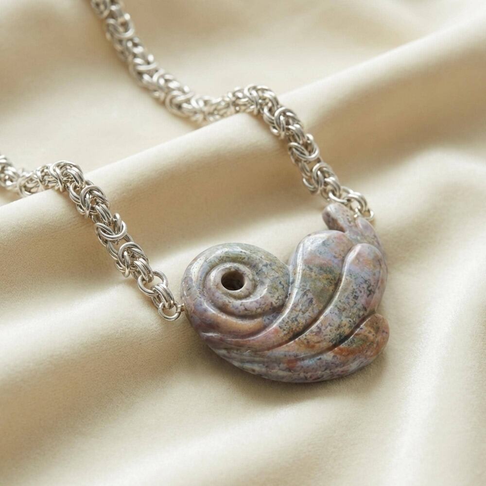 1980s Taxco Sterling Silver Carved Ocean Jasper Pendant Necklace
